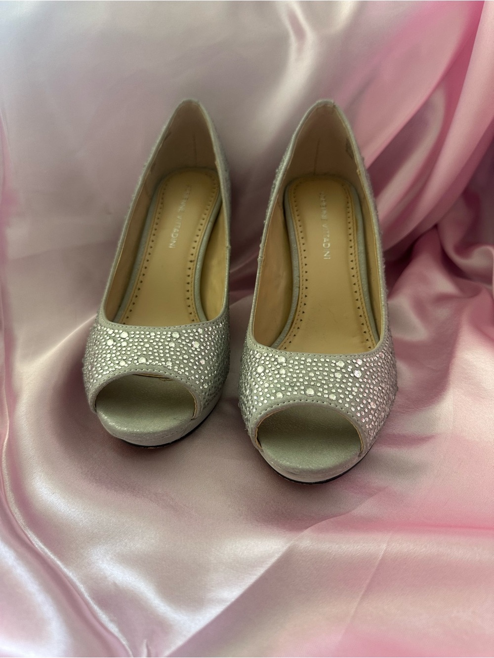 Adrienne Vittadini Silver Crystal Peep-Toe Pumps